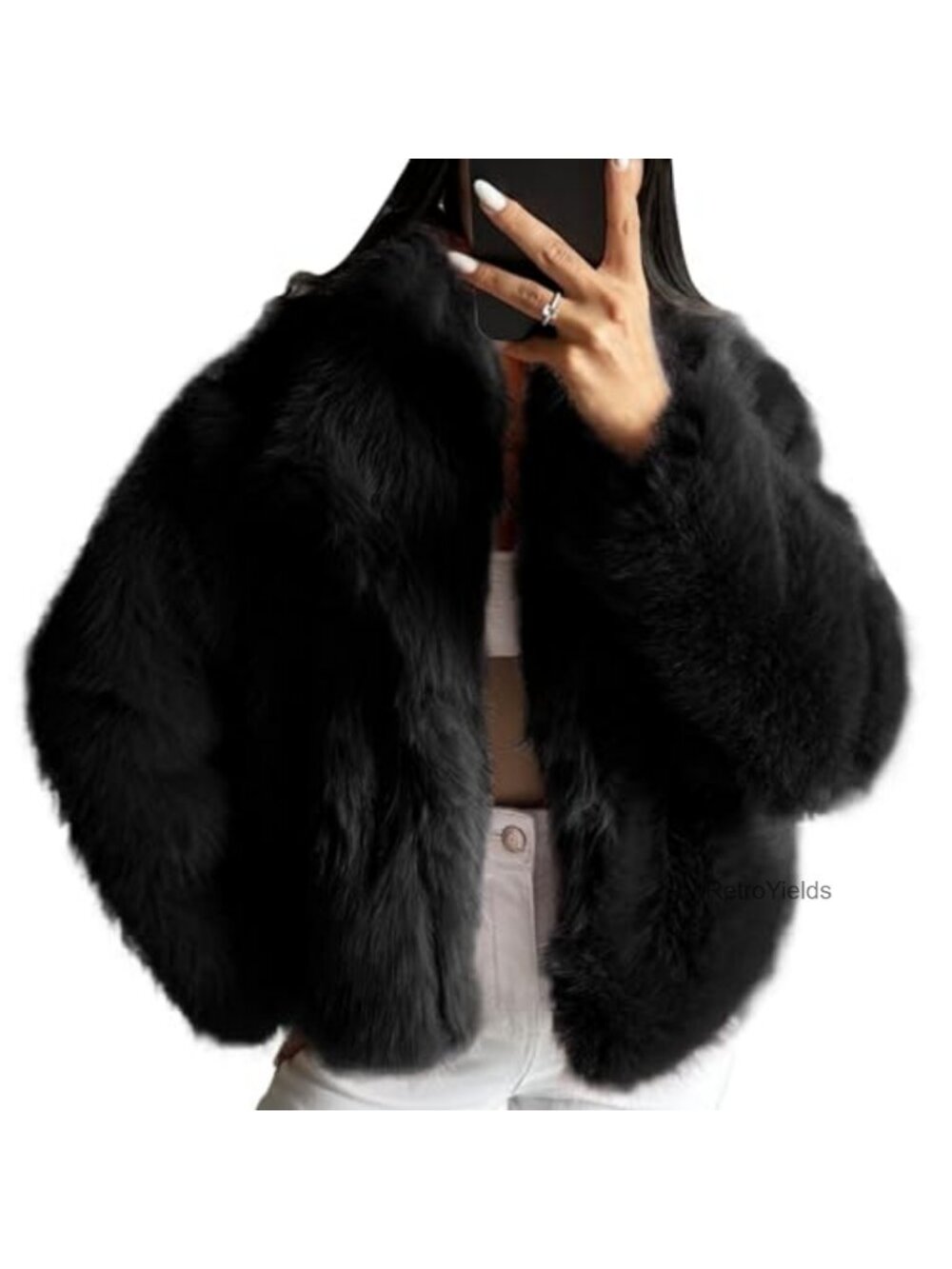 Faux Fur Long Sleeve Cropped Jacket Fluffy Winter Coat